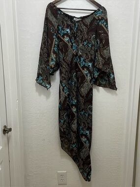 Marla Kim L Asymmetrical Paisley Dress Y2K Brown Flowy Sleeves
